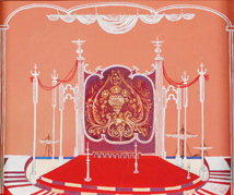 Scenography of the play, William Shakespeare's comedy Twelfth Night, set in Arbëria (present-day Albania). Scenography by Agim Zajmi. Acrylic on canvas.