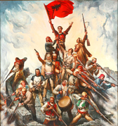 Second prize of the Albanian National Gallery. The first Albanian flag was raised in 1911 in Deçiq, an Albanian town. Figures such as Ded Gjo Luli and patriots who defended their ancestral Albanian land against invaders. Belongs to the Albanian National Gallery. Oil on canvas.