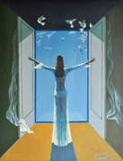 A woman embodying the spirit of freedom during the Albanian revolution of 1991, symbolizing the liberation from communism. She aspires to a better life, to ideals, to democracy, and to a brighter future. Oil on canvas.