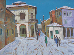 A snowy landscape of Korça, with cobblestone streets, traditional rooftops, and people walking — a special moment capturing the beauty of this typical Albanian city.Oil on canvas.