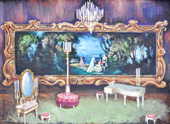 Scenography of the drama Luisa Miller, acrylic on canvas, a three-act opera — the fourteenth by Giuseppe Verdi.  Scenography realized by Agim Zajmi.  Setting in scene by Pirro Mani. (Acrylic on canvas)
