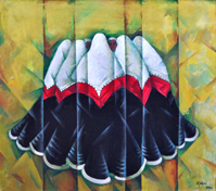 In typical Albanian dress from the Mirdita region of Albania, women dance together in traditional dances, united in harmony. Oil on canvas.