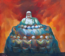 A mother protecting and holding her children together — to unite them, strengthen them, give them identity... to make them one, unique, like a single body. Patriotic values of unity and protection in a time of war. The sky is set ablaze by the flames of war.oil on canvas.