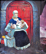 An Albanian mother defending her homeland, while on the other side, nursing her child. A spirit of protection, duty, and patriotic values, all immersed in red and black. In the background, war rages on.