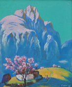 Typical landscape of Valbonë and northern Albania, with snow on the mountains and spring flowers in the meadows, oil on canvas.