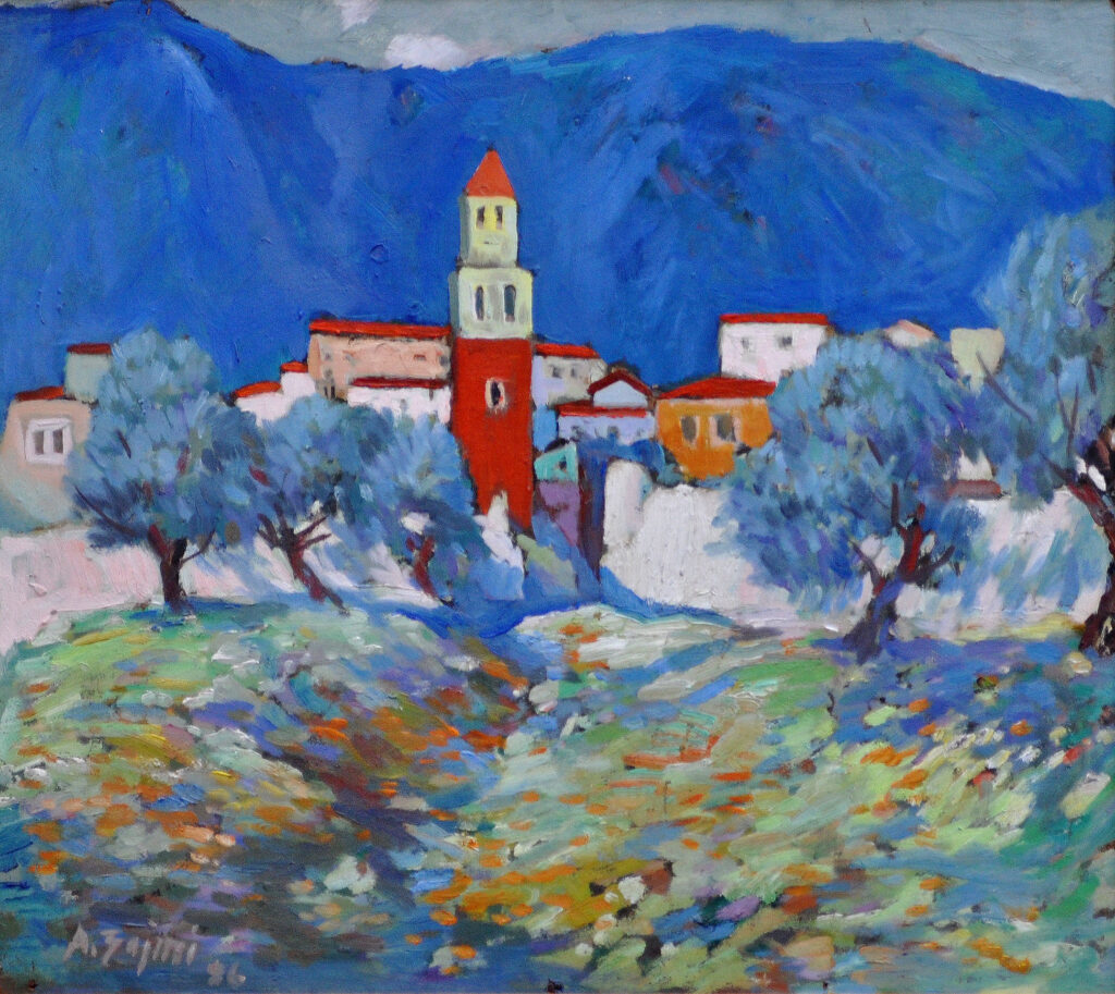 landscape-vaj-pelhure-oil-canvas-huile-toile-Agim-Zajmi-Landscape-midle-Albania-summer-olives