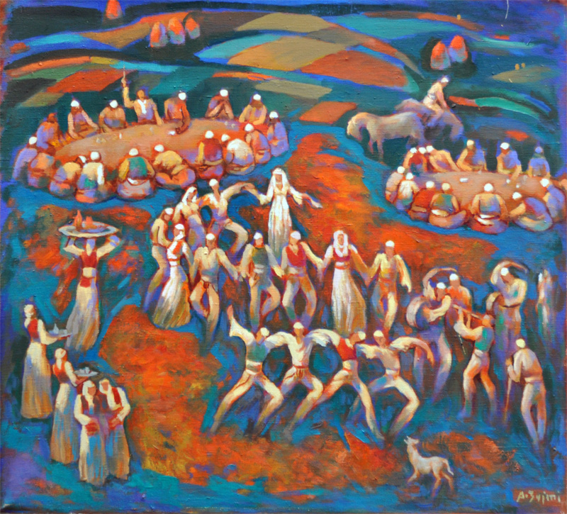 75x70-composition-kompozim-vaj-pelhure-oil-canvas-huile-toile-Agim-Zajmi-albanian-mans-dancing-traditionnal-kercim-shqiptar-burrash-danse traditionnelle-hommes