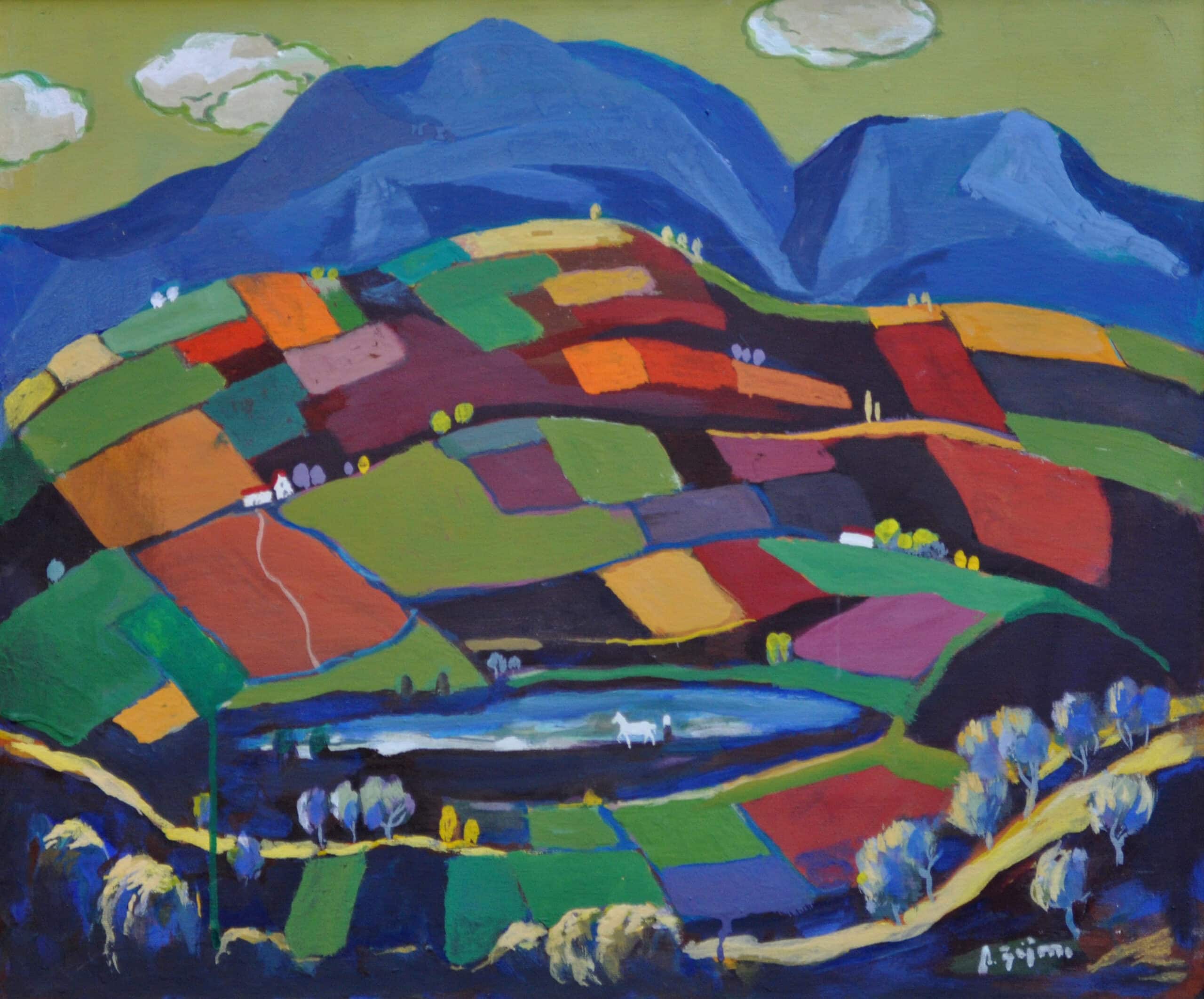 062 field and mountain landscape central Albania lake horse cubist composition – Agim Zajmi, oil on canvas, 60 × 50 cm, 1987