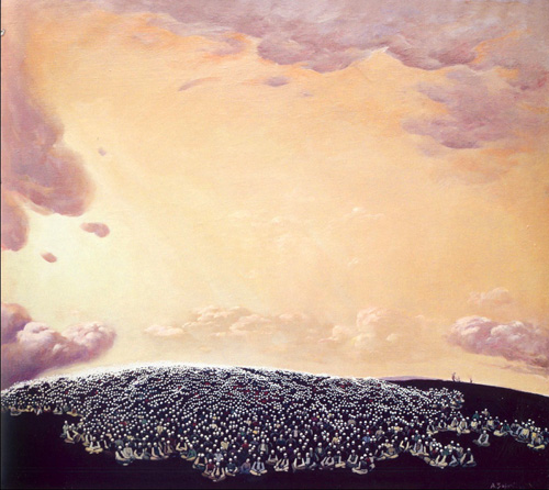 Symbolic painting by Agim Zajmi showing the Kosovo Plain filled with seated Albanian highlanders wearing white 'plis' hats, a blood-red ground, and a vast dominating sky. Awarded first prize in the National Painting Competition of the Republic of Albania, now held in the National Gallery in Tirana.