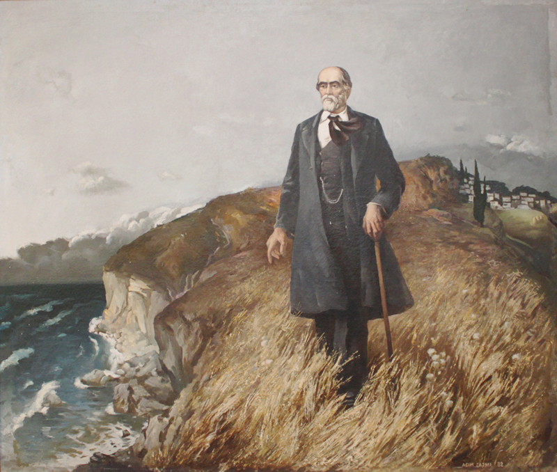 Jeronim De Rada, national figure, literature, Albanian language, patriot, impressionist, figurative, expressive, nostalgia for homeland, exhibited at Prime Minister Office Albania, major artwork, oil on canvas, National Gallery of Albania collection, Albanian art, Agim Zajmi