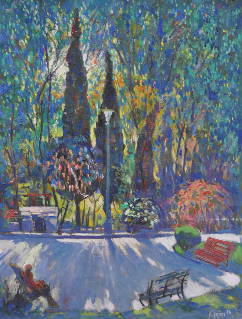 067 liqeni i Tiranës, peizazh parku, natyrë urbane, vaj në kanavacë, Agim Zajmi, 1983, 50 × 40 cm