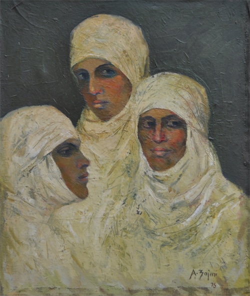 057 effigies of Albanian women three figures white cloth portraits – Agim Zajmi, oil on canvas, 55 × 65 cm, 1975