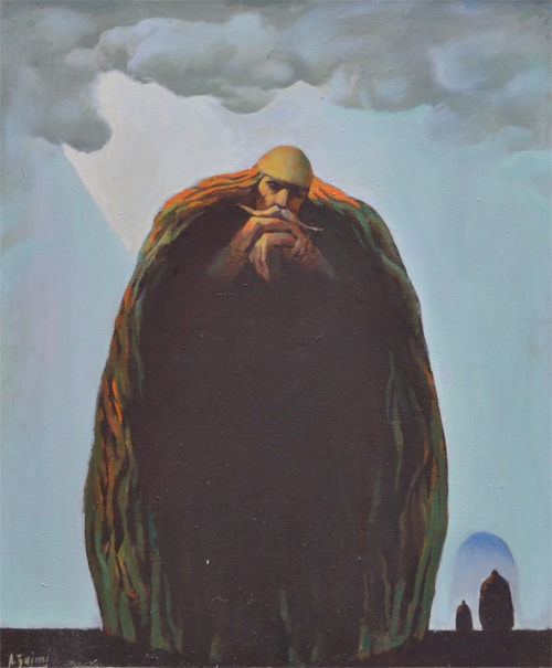 Agim Zajmi – Heavy Stone in Its Place – symbolic portrait – identity and roots – oil on canvas