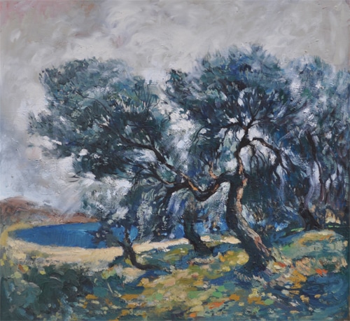 Agim Zajmi – summer landscape with olive trees – oil on wood – 1987