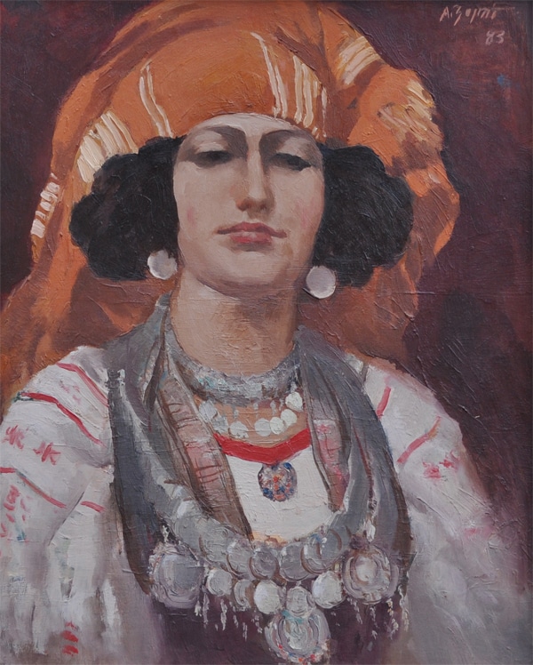 011 Albanian woman from Mirdita portrait – Agim Zajmi, oil on wood, 50 × 40 cm, 1983