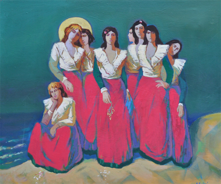 Otranto tragedy 1997, Kateri i Radës, Sibilla corvette, Otranto channel, Albanian migration crisis, shipwreck, women and children victim, mourning, women white red dress, flower to sea, Adriatic Sea, memorial, collective memory, symbolic painting, oil on canvas, Agim Zajmi