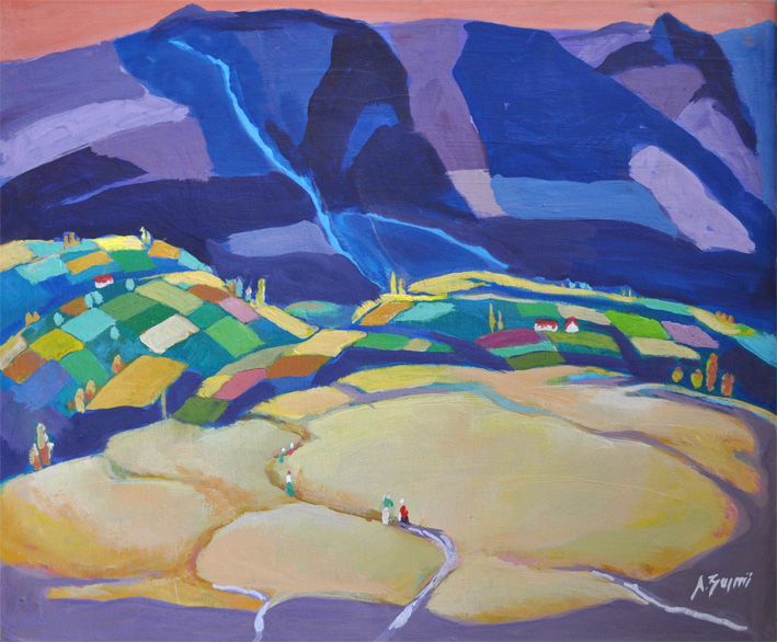 Albanian field with strong color, landscape, intense color palette, cubist aspect, realist approach, warm colored field and cool mountain, Albanian painting, Albanian art, oil on canvas, Agim Zajmi