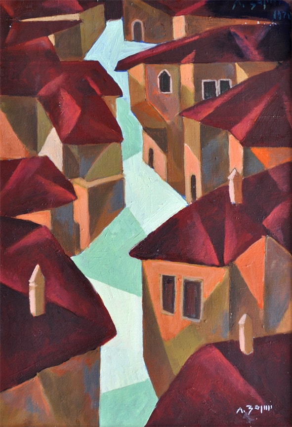 Agim Zajmi – Red Roofs of Berat – landscape – oil on canvas – 1978