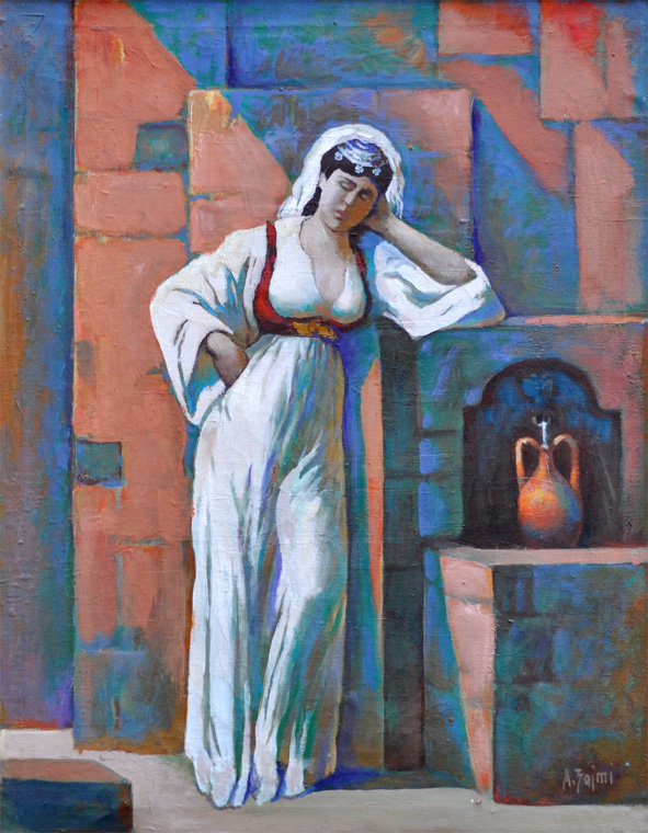 Standing girl traditional dress filling water at spring, bright color, realistic, poetic, dreamlike, Albanian art and painting, oil on canvas, Agim Zajmi. 041-53x70, portrait composition, oil on canvas, Agim Zajmi