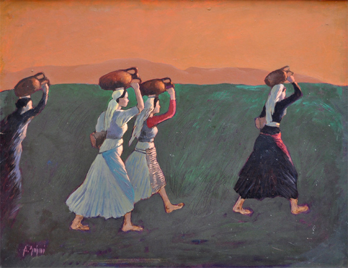 Peasant women carrying water amphora sunset, barefoot, figurative, colored plain surface, movement, sunset light, warm colors, Albanian art expression, oil on wood, Agim Zajmi