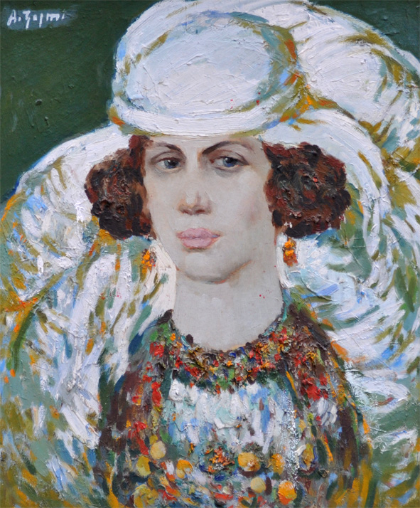 Matjane portrait young woman, realistic face, decorative volume brushstroke, saturated color, dynamic brush movement, gjerdan necklace green background, typical facial expression, oil on canvas, Albanian painting, art, Agim Zajmi