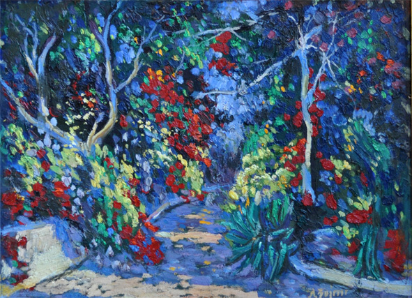 Quiet path between flowers, pure color, strong contrast, impression and spring rebirth, visible brushstroke, oil on canvas, Agim Zajmi