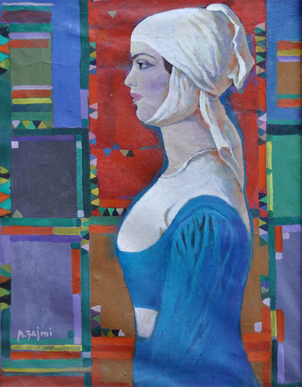Peja girl portrait, figurative aspect, cubist decorative background, traditional dress, pronounced refined color, figurative style, abstract background with typical Albanian element, oil on canvas, Albanian painting, Agim Zajmi. 056-50x65, portrait, oil on canvas, Agim Zajmi