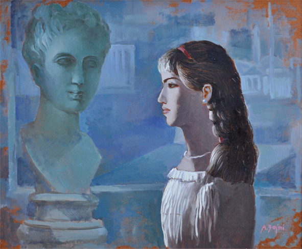 Young woman and goddess, past and future, profile girl portrait and sculpture, memory reflection, realist and figurative aspect, oil on wood, Albanian art, Deja, Agim Zajmi. 078-62x52, composition, oil on wood, Agim Zajmi