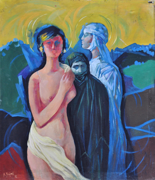 Three women, tradition and modernity, clothing and costume, bright color, nude and cultural dress, social and ideological contrast, cubist and figurative approach, full color space, figurative painting, oil on canvas, Albanian art, Agim Zajmi