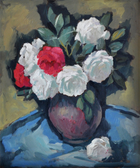 Still life rose, red and white flower, realistic, pronounced brushstroke, vivid color, visible contrast, oil on canvas, Albanian art, Agim Zajmi. 094-25x30, still life, oil on wood, Agim Zajmi