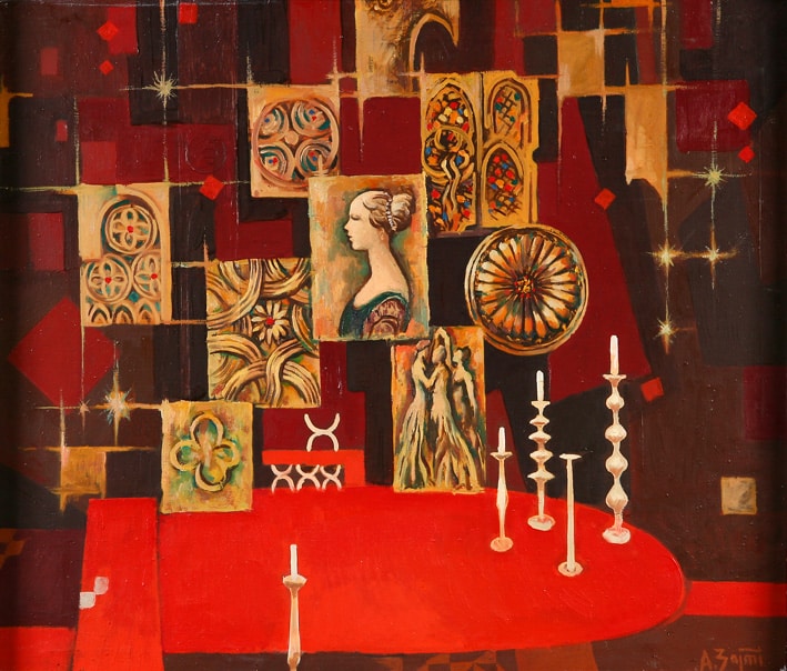 Skenografi nga Agim Zajmi për “Romeo dhe Zhulieta”, regjia Piro Mani, Teatri Kombëtar i Shqipërisë, Galeria Kombëtare e Arteve, tempera mbi kanavacë, 60 × 70 cm, 1987