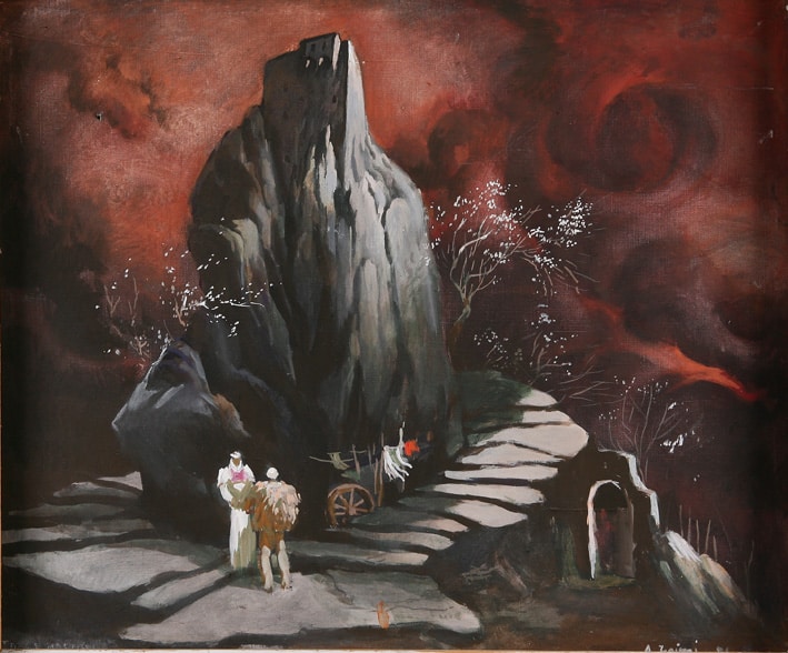 Skenografi nga Agim Zajmi për “Tokë e ndezur”, regjia Tomorr Ishmani, Teatri Kombëtar i Shqipërisë, tempera mbi kanavacë, 54 × 64 cm, Galeria Kombëtare e Arteve