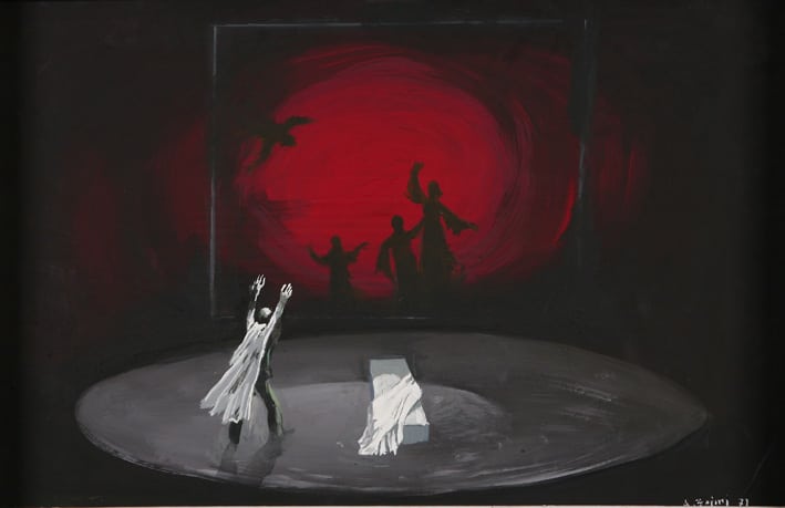 Skenografi nga Agim Zajmi për “Gjenerali i ushtrisë së vdekur”, Galeria Kombëtare e Arteve, Çmimi i Parë, Kragujevac 1976, tempera mbi kanavacë, 40 × 60 cm, 1971