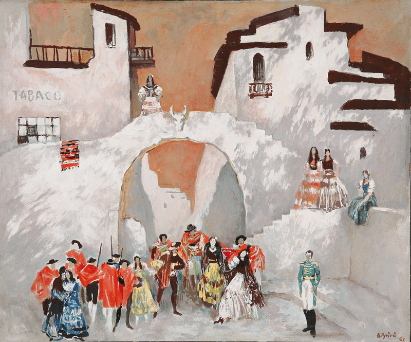 Carmen Georges Bizet, scénographie, première scénographie de Agim Zajmi, Théâtre National Albanais, tempera sur toile, couleurs vives et vivantes, figure festive, impressionniste, expressive, figurative, art albanais, collection Galerie Nationale des Arts, Agim Zajmi