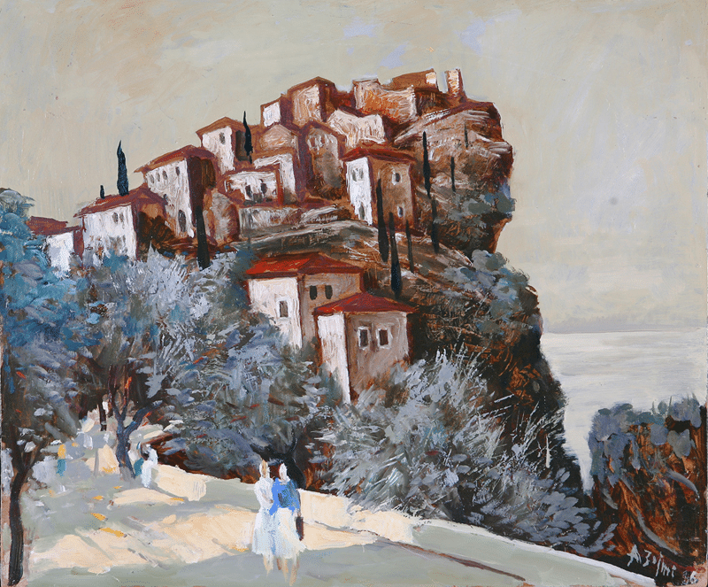 Château Himara, collection Galerie Nationale des Arts Albanie, art albanais, impressionniste, paysage figuratif, rue ensoleillée et mer, Himara Albanie, ville historiquement albanaise, huile sur toile, Agim Zajmi
