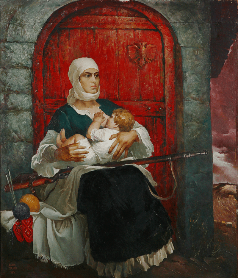 Lokja, berceau, enfant, guerre, protection, patrie, Albanie du nord, portrait femme vêtement traditionnel, motif albanais, aigle sculpté sur porte, maison typique albanaise, huile sur toile, collection Galerie Nationale des Arts Albanie, peinture albanaise, Agim Zajmi