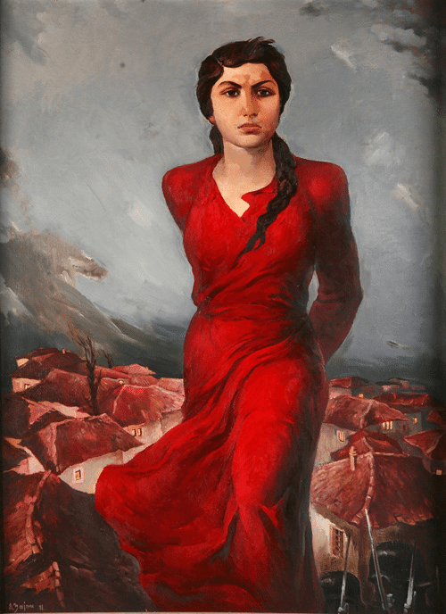 Ganimete Terbeshi, héroïne du Kosovo, 17 ans, guerre nationale de libération albanaise, Seconde Guerre mondiale, résistance contre nazisme, terreur et massacre, liberté et libération, tresse noire, robe rouge symbole sang, maison albanaise en arrière-plan, œuvre majeure, collection Galerie Nationale des Arts Albanie, huile sur toile, peinture albanaise, Agim Zajmi