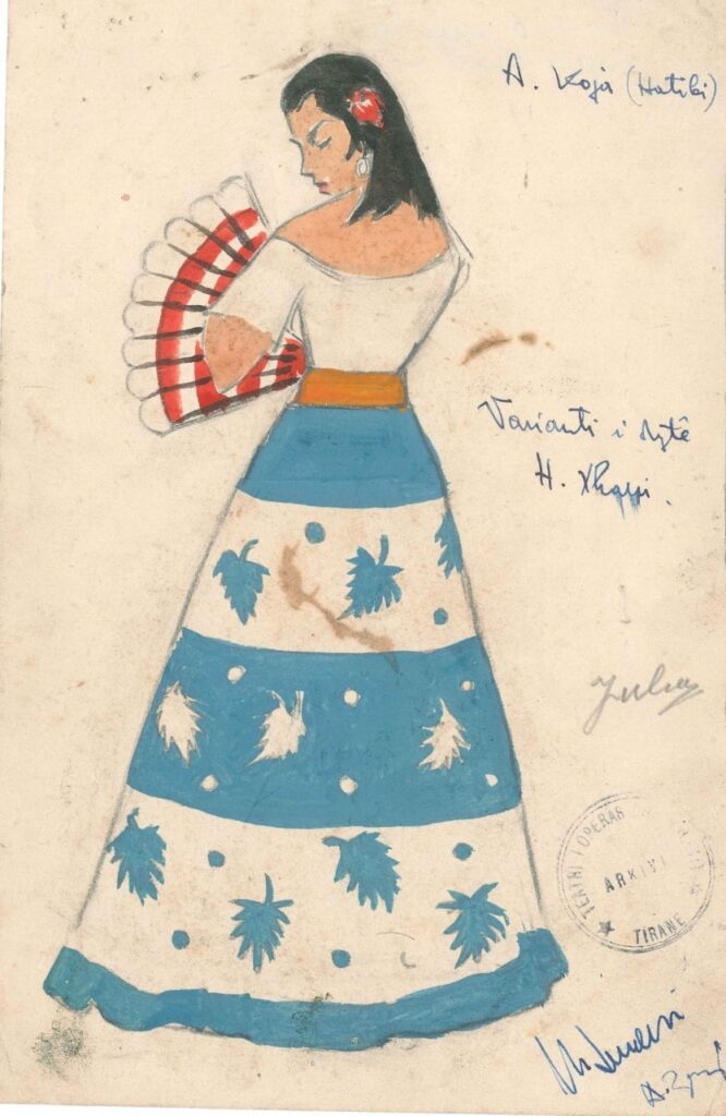 Original gouache costume design of Carmen in Carmen (1962) by Agim Zajmi, National Theatre of Opera and Ballet of Albania.