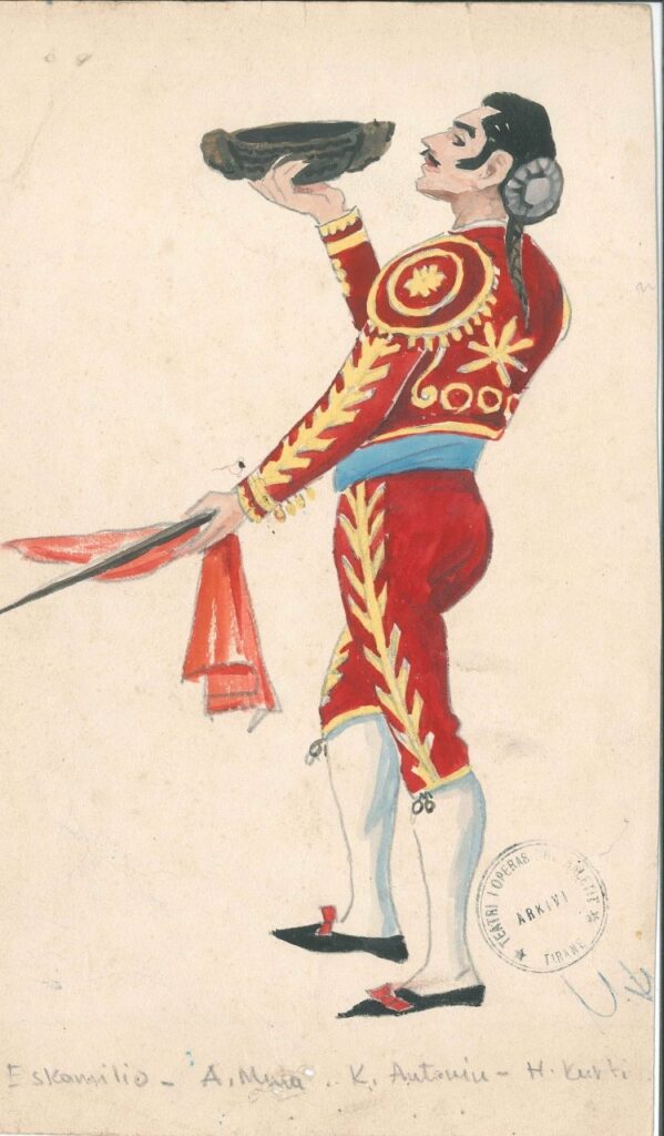 Original gouache costume design of Escamillo for the opera Carmen by Agim Zajmi.
